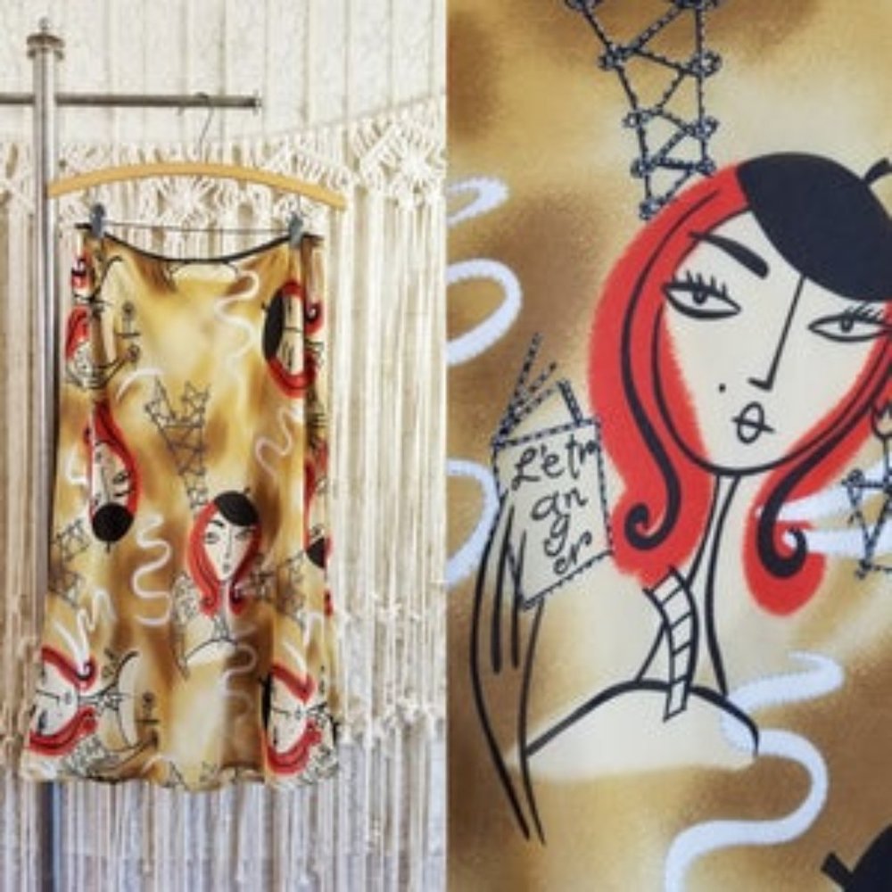 Vintage 90s Novelty French Girl Midi Skirt